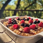 Juicy baked oatmeal with a colorful assortment of fresh berries.