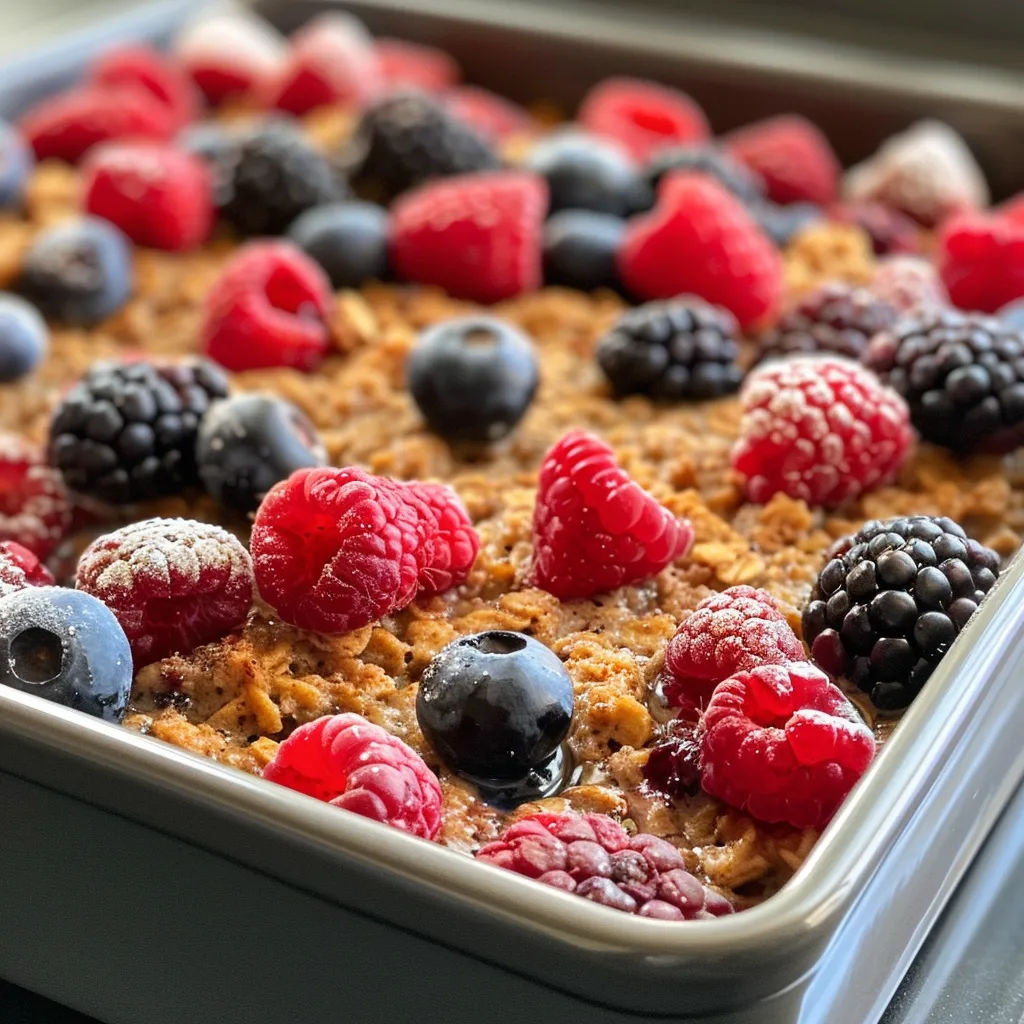 Plate of baked oatmeal with berries, showcasing its moist texture.