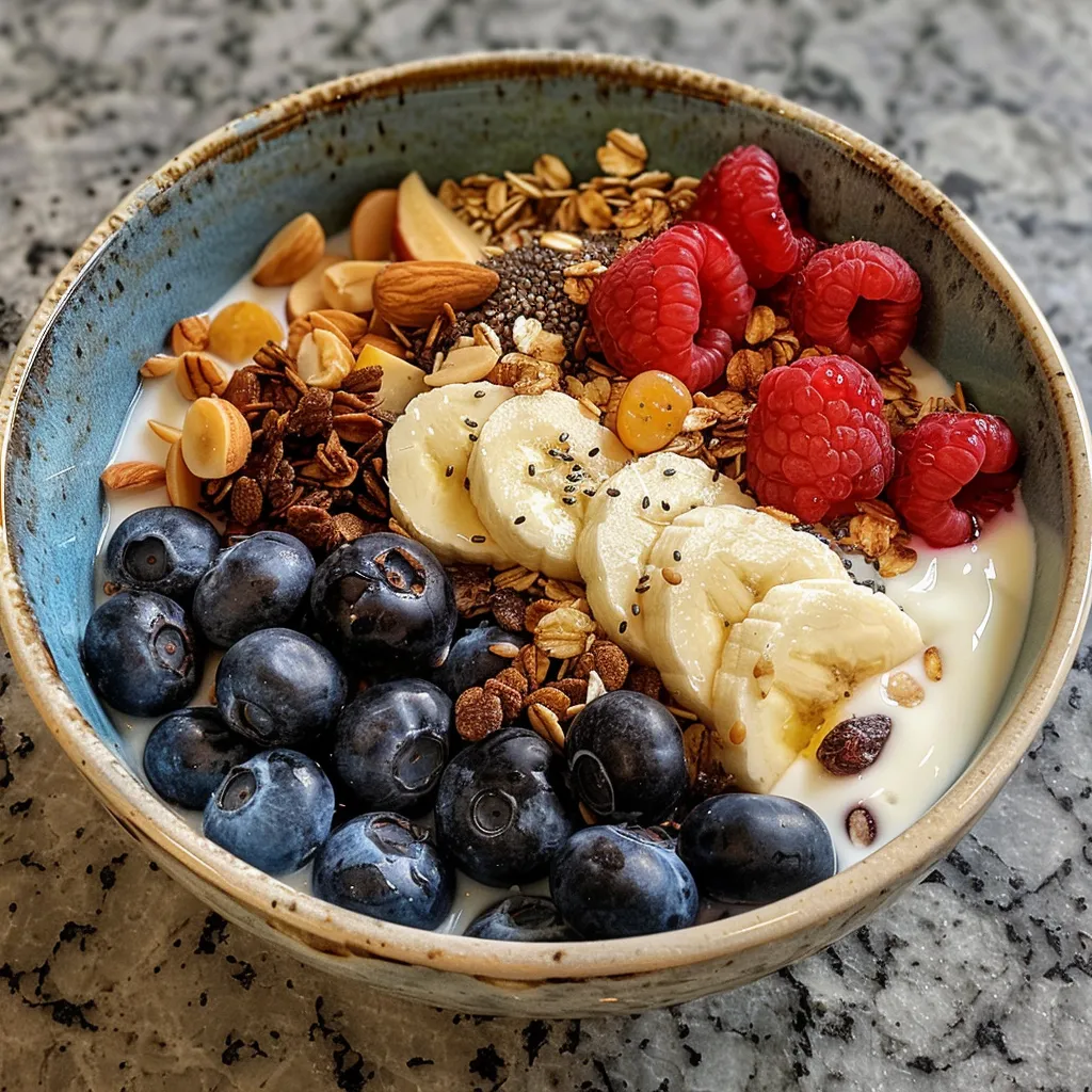 A healthy breakfast bowl scene displaying quinoa, yogurt, fruits, and shredded coconut, captured closely.
