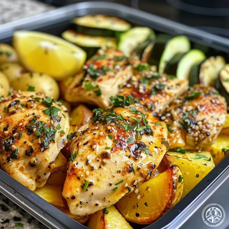 Colorful meal prep bowls featuring lemon garlic chicken, potatoes, and sliced zucchini.