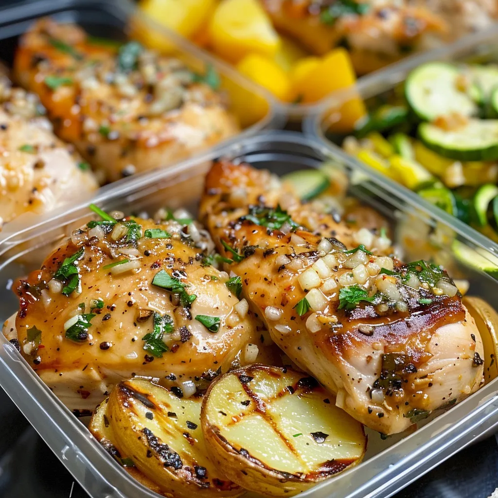 Side view of healthy meal prep featuring chicken, yellow potatoes, and zucchini.