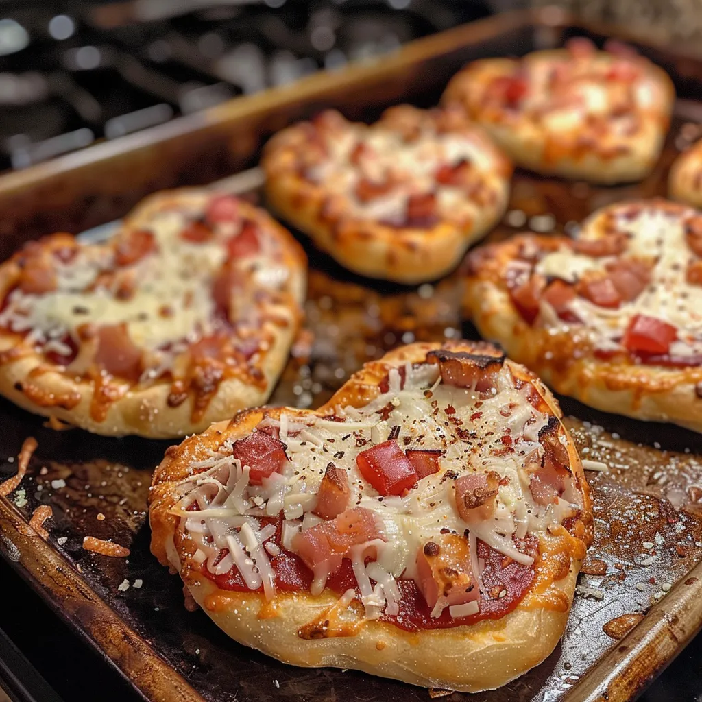 A collection of heart-shaped mini pizzas served on a wooden board.