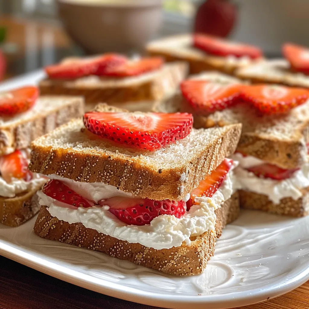 Detailed shot of heart-shaped finger sandwiches made with white bread and strawberry cream.