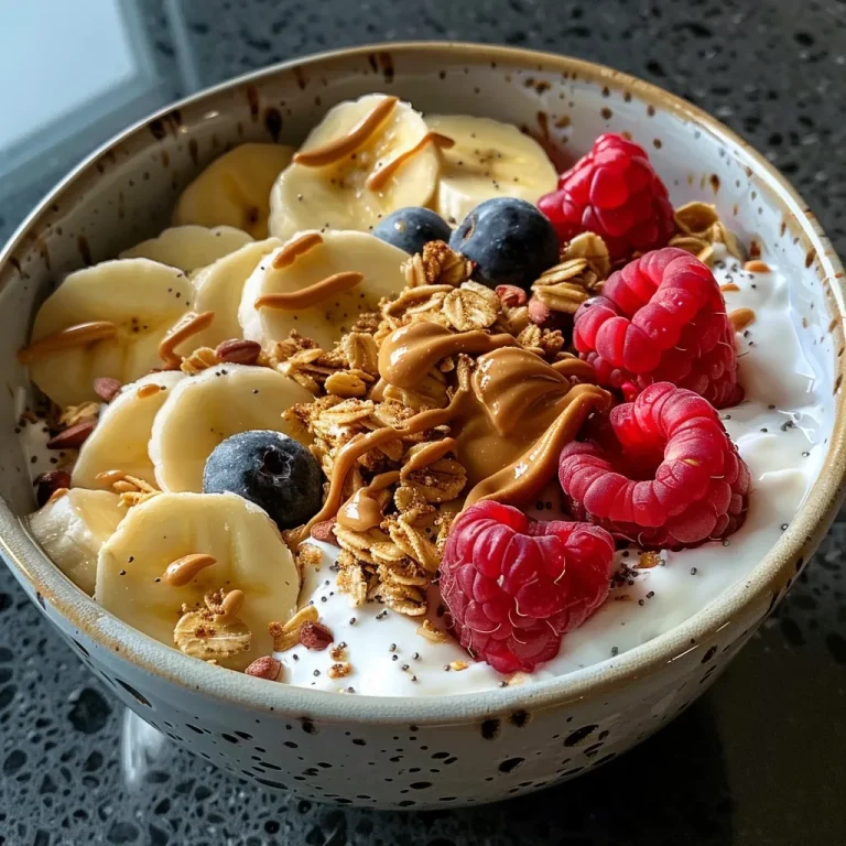 Delicious breakfast bowl filled with Greek yogurt, berries, and granola.