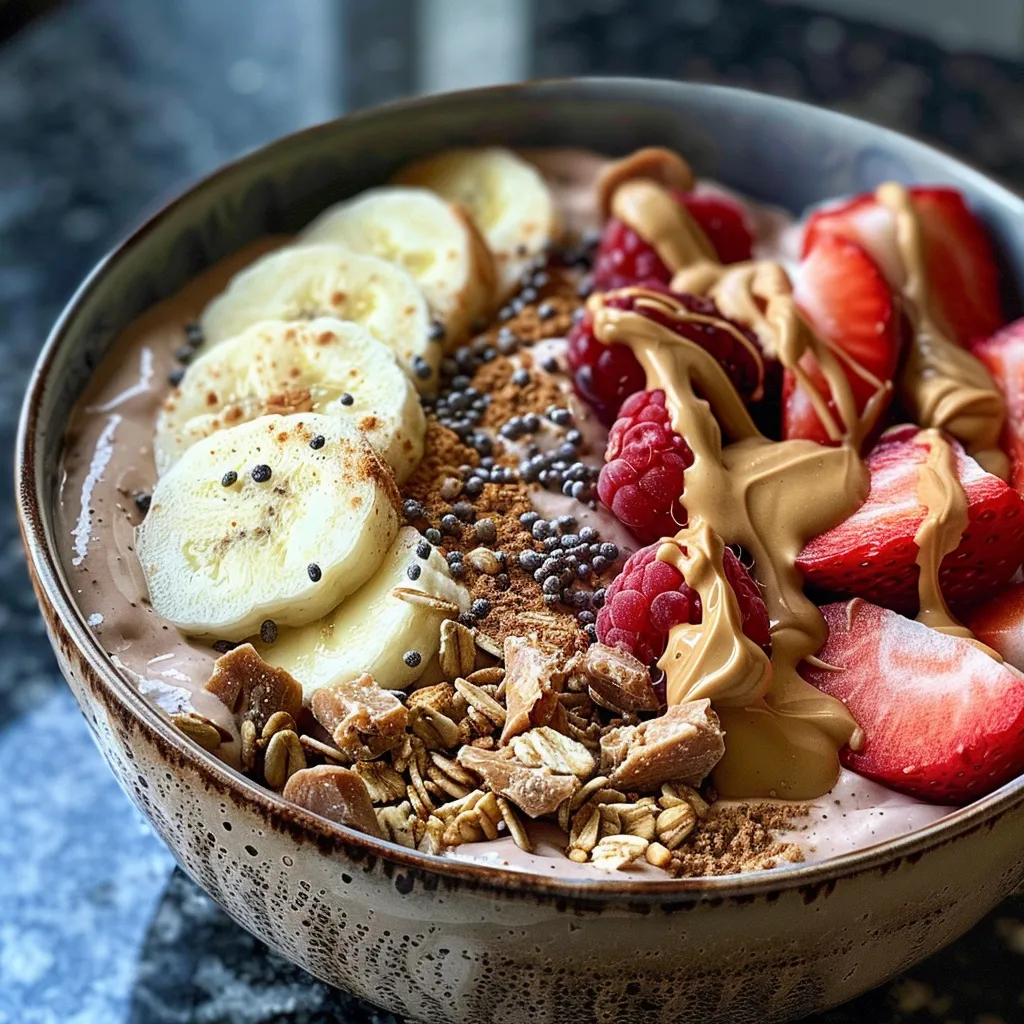 Vibrant high-protein breakfast bowl showcasing yogurt, banana, and protein powder.