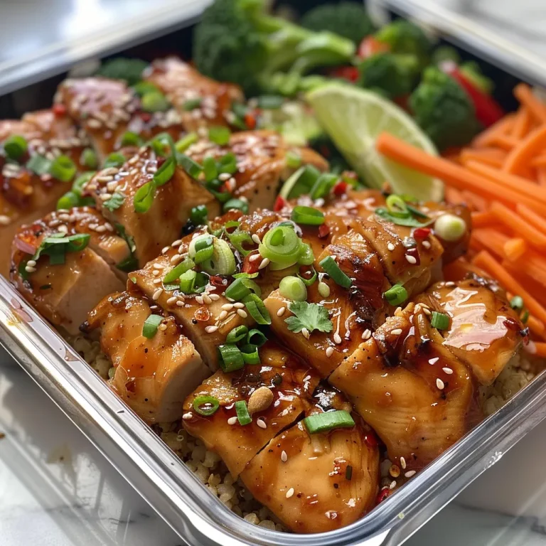 High protein meal bowl filled with chicken, broccoli, and vibrant carrots, with a drizzle of honey garlic sauce.