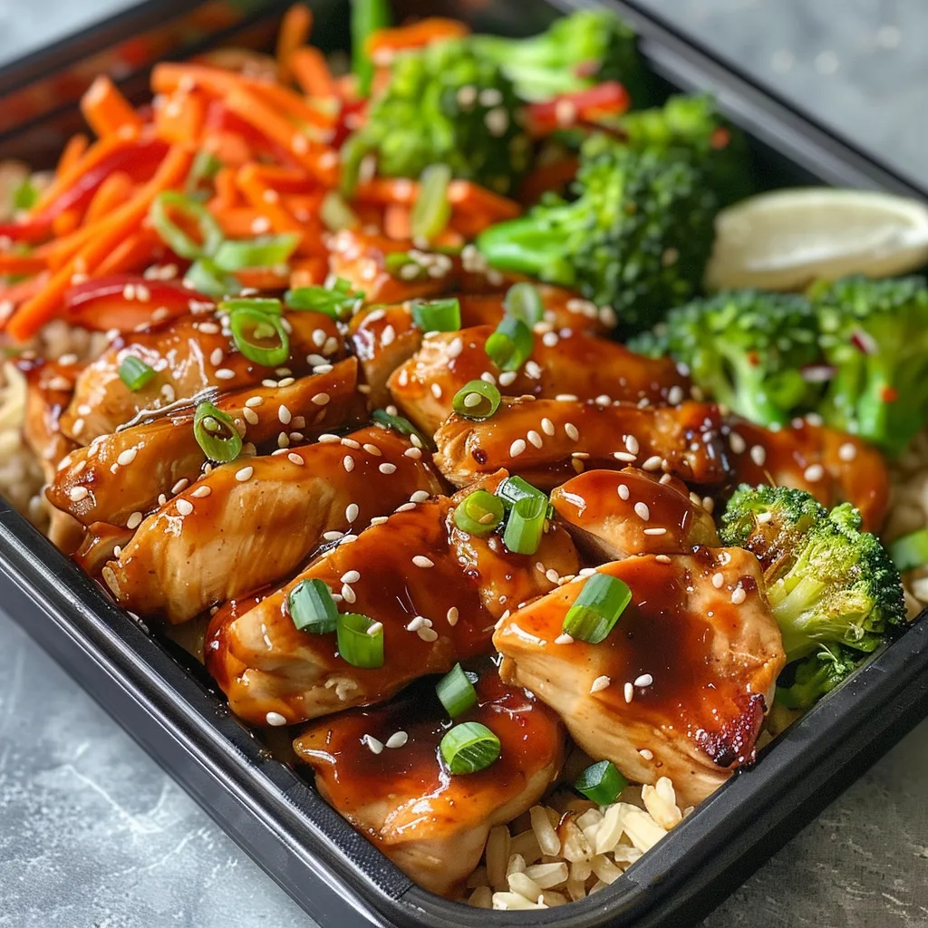 Side view of a meal prep bowl showcasing honey garlic chicken alongside fresh veggies and grains.