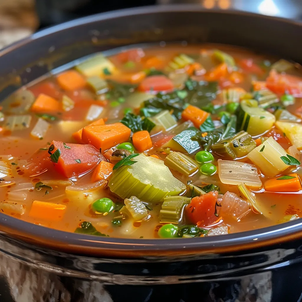 Detailed view of a hearty vegetable soup with visible ingredients like carrots, greens, and broth.