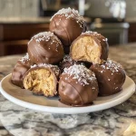 Juicy keto peanut butter balls with a glossy chocolate coating.