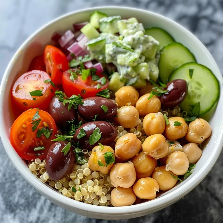 Juicy Mediterranean chickpea bowl featuring chickpeas, chopped vegetables, and a drizzle of tzatziki on top.