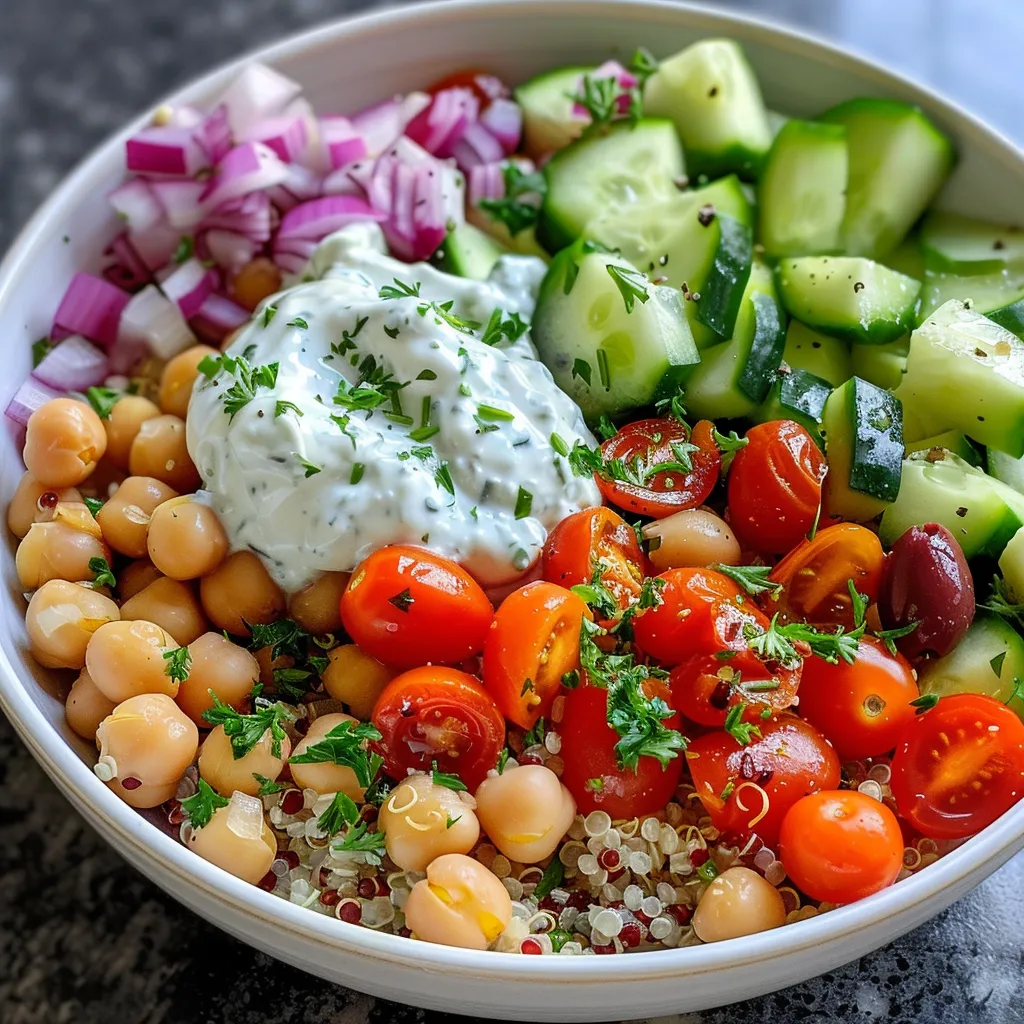 An appetizing Mediterranean bowl with chickpeas, quinoa, and a side of tzatziki sauce in a bright arrangement.