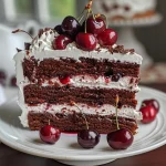 Side view of decadent mini black forest cakes with rich chocolate layers and fresh cherries.