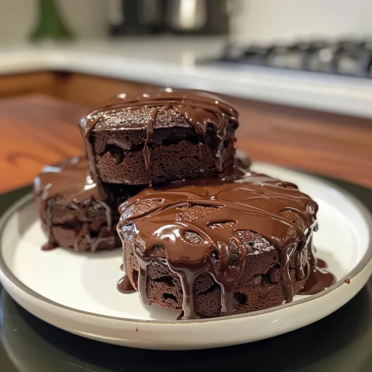 Delicious-looking mini chocolate cakes stacked with a creamy filling and chocolate glaze.