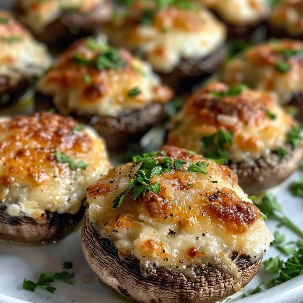 Individual stuffed mushrooms showcasing a creamy filling and fresh herbs.