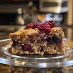 A vibrant bowl of mixed berry baked oatmeal, highlighting its colorful fruit toppings and creamy texture.