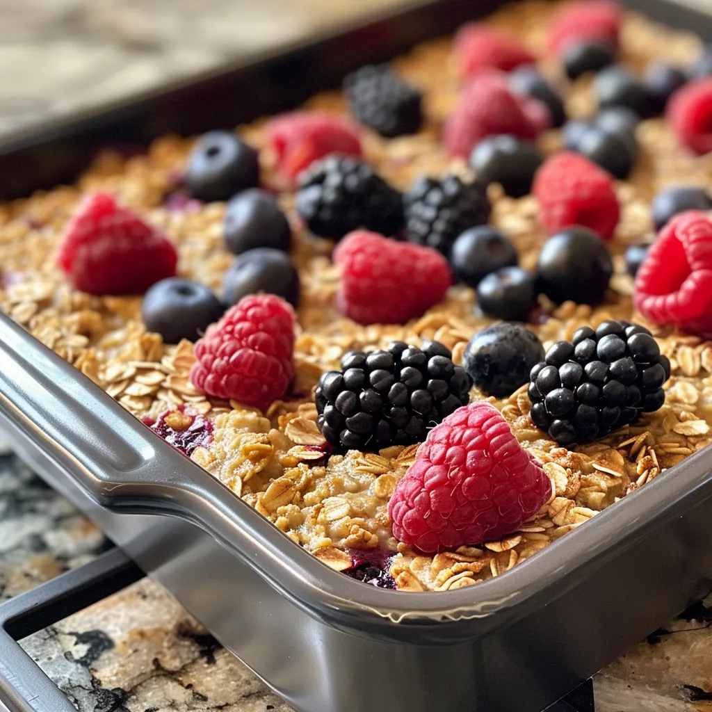 Close-up of a slice of mixed berry baked oatmeal served in a dish, displaying juicy berries on top.