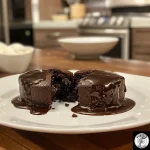 Rich, dark chocolate lava cake with a molten center in a dish.