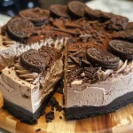 Detailed shot of a no-bake chocolate cheesecake with an Oreo crust and whipped cream topping.