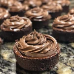 Juicy, rich mini chocolate cheesecake placed on a white plate with a dark background.
