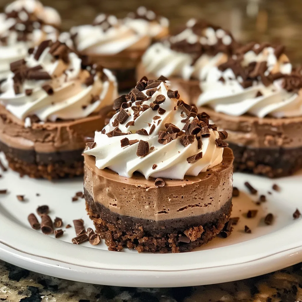 Side profile of a mini chocolate cheesecake, highlighting its smooth texture and chocolate topping.