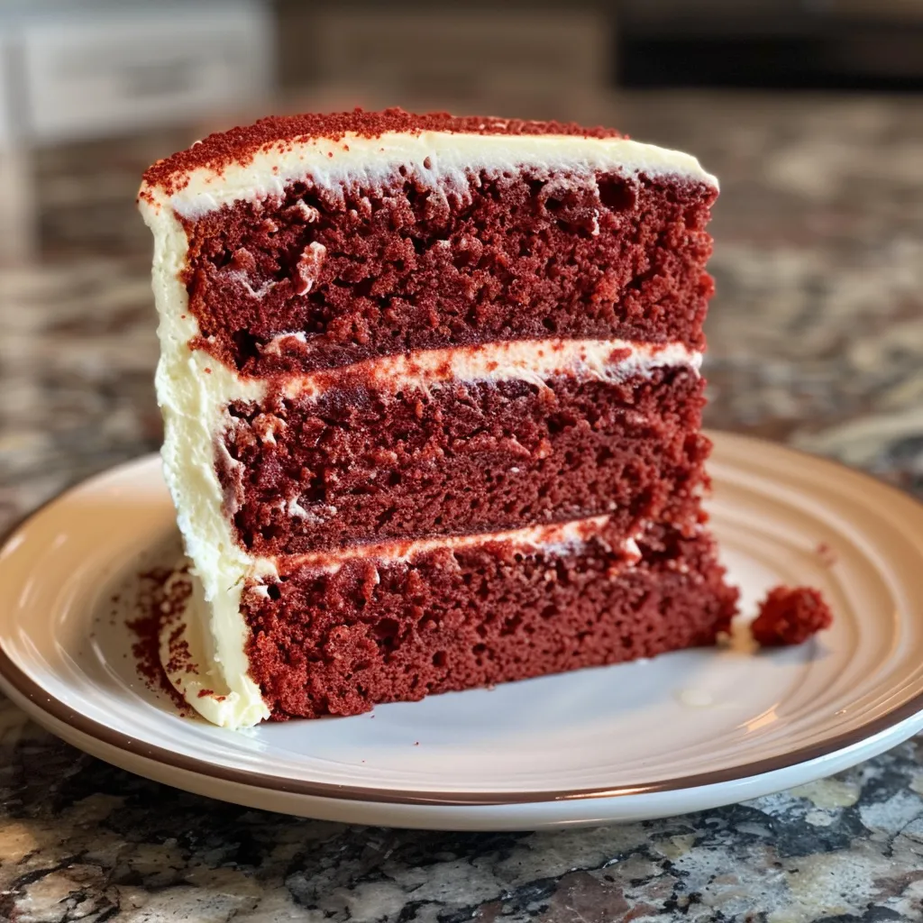 Juicy red velvet cake with a glossy frosting served on a rustic plate.