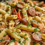 A delicious serving of Cajun sausage pasta topped with spinach and garnished with parsley.