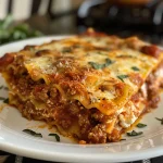 Juicy lasagna with visible layers of noodles, ground beef, and mozzarella.