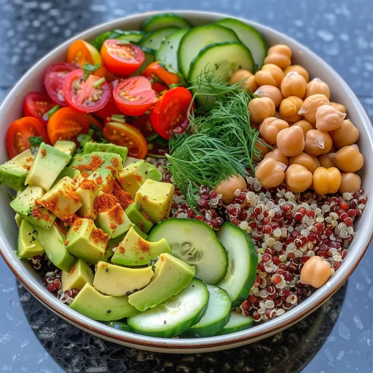 Detailed image of a nutritious Quinoa Power Bowl filled with tri-color quinoa, fresh vegetables, and tahini dressing.