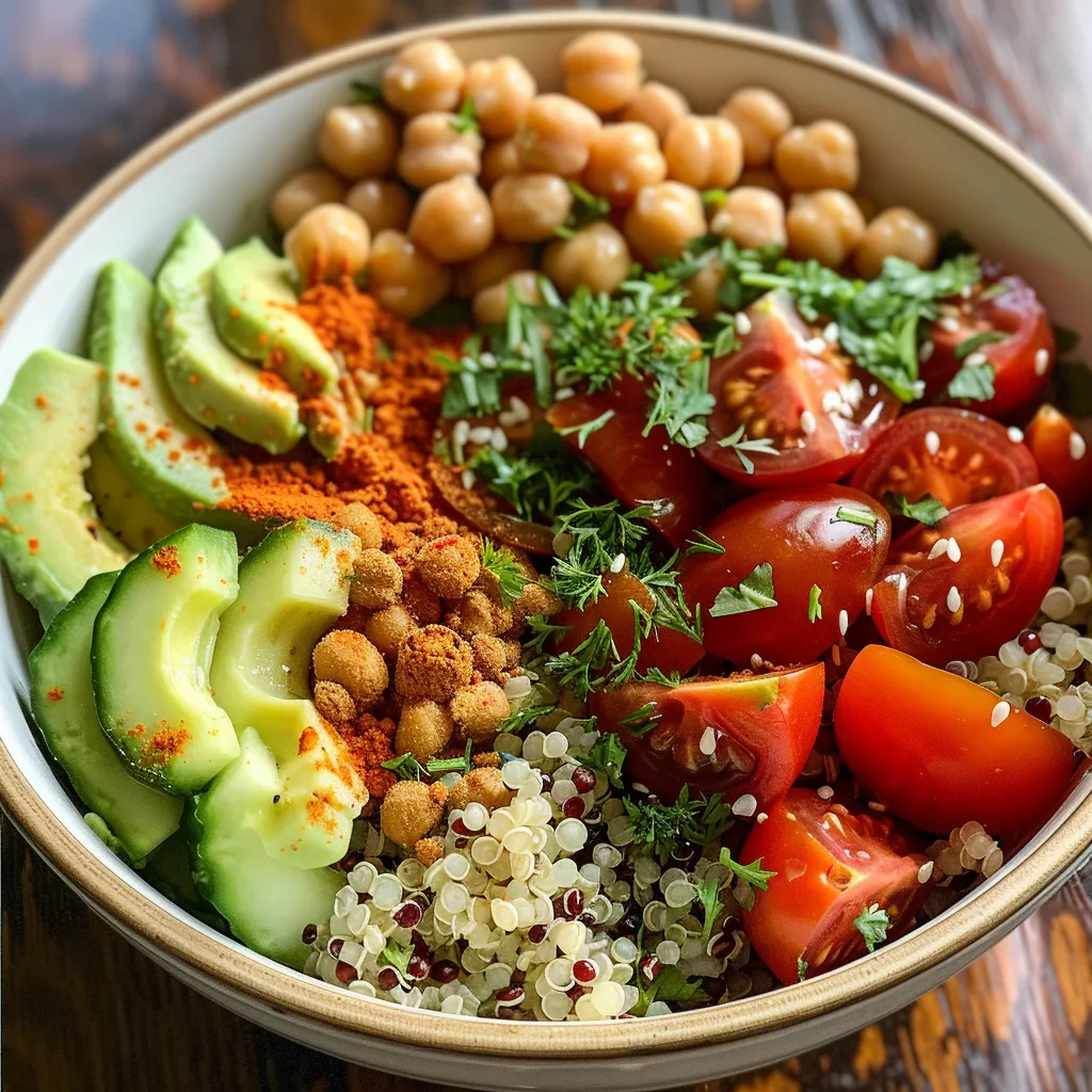 Aesthetic display of a Quinoa Power Bowl showcasing various healthy ingredients, arranged artistically.