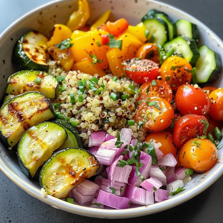 A fresh quinoa bowl featuring roasted vegetables, topped with a light tahini dressing, presented in a rustic setting.