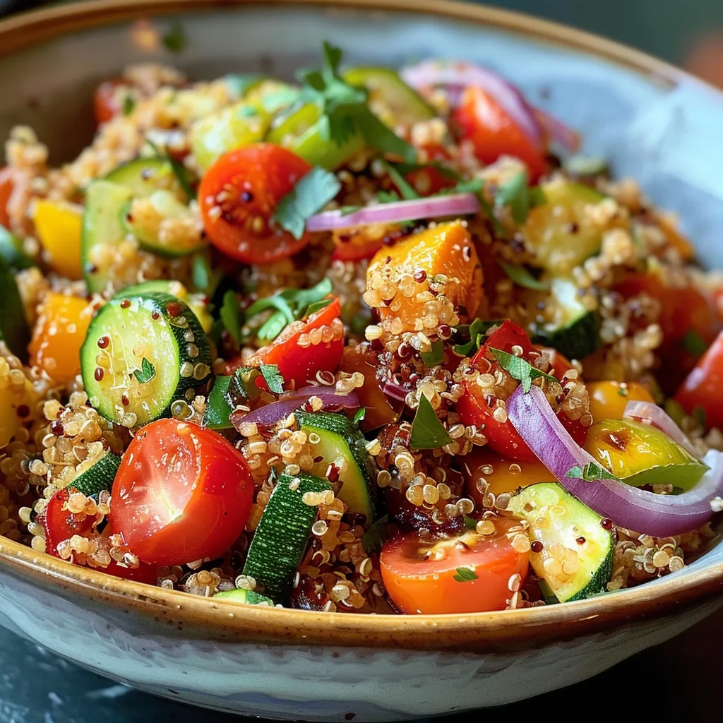 A healthy quinoa dish with assorted vegetables, elegantly arranged and accented with a drizzle of tahini dressing.