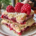 Detail shot of Raspberry Coconut Bars showcasing a crumbly, coconut topping.