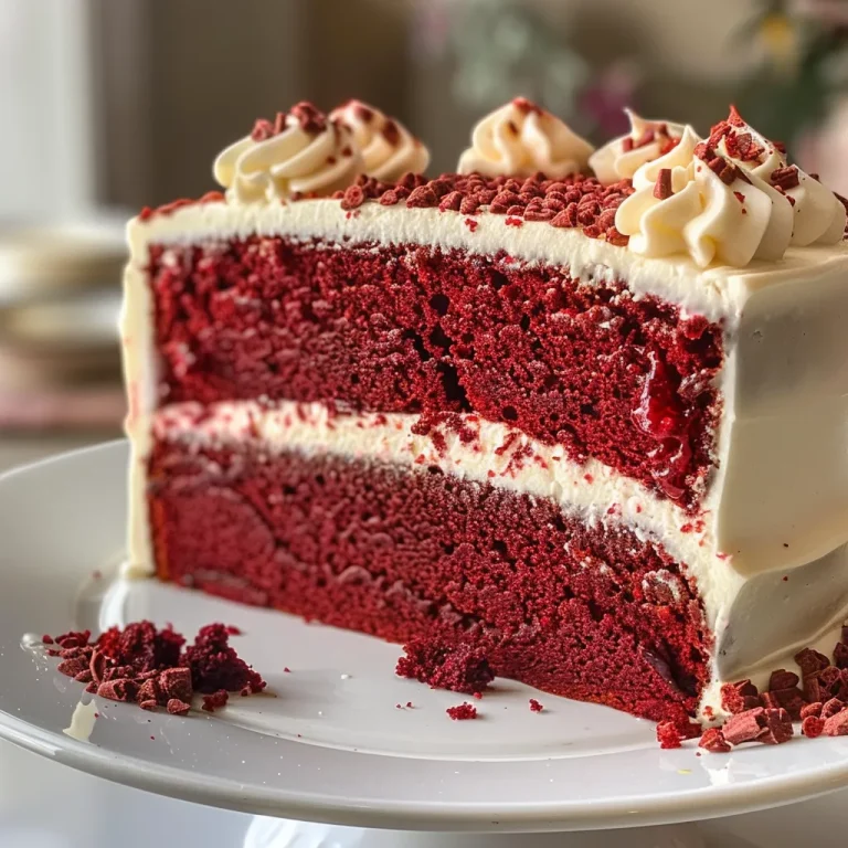 A slice of red velvet cake with a generous layer of cream cheese frosting on a white plate.
