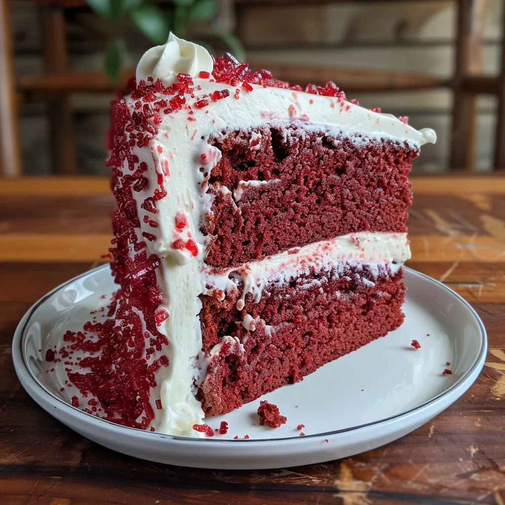 Vibrant Red Velvet Cake with creamy white frosting, displayed on a plate.
