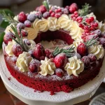 Beautifully decorated Red Velvet Wreath Cake featuring a rich red color and festive toppings.