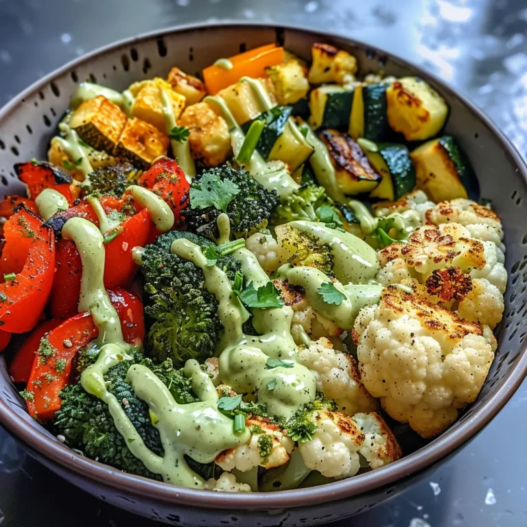 A side view of a roasted vegetable bowl featuring zucchini, red bell pepper, and tahini sauce.