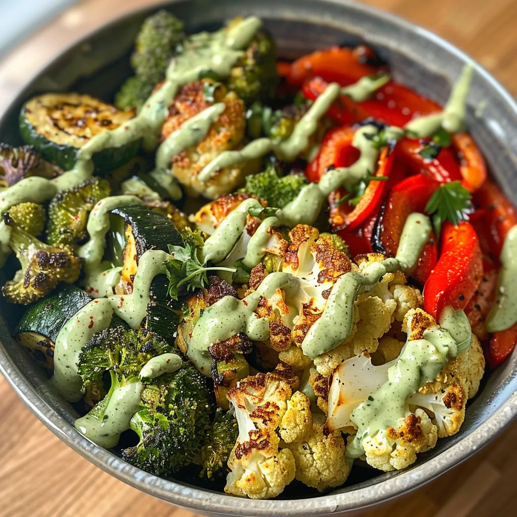 Juicy roasted vegetable medley in a bowl, topped with a creamy green tahini sauce.