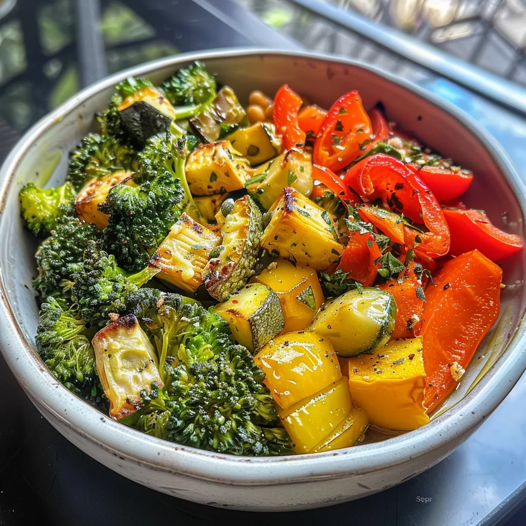 A detailed image of a roasted vegetable bowl showing fresh broccoli, diced red pepper, sliced zucchini, and carrot, topped with tahini sauce.