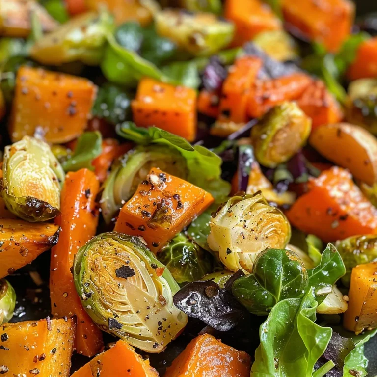 Juicy roasted vegetable salad showcasing halved Brussels sprouts, diced sweet potatoes, and sliced carrots atop fresh greens.