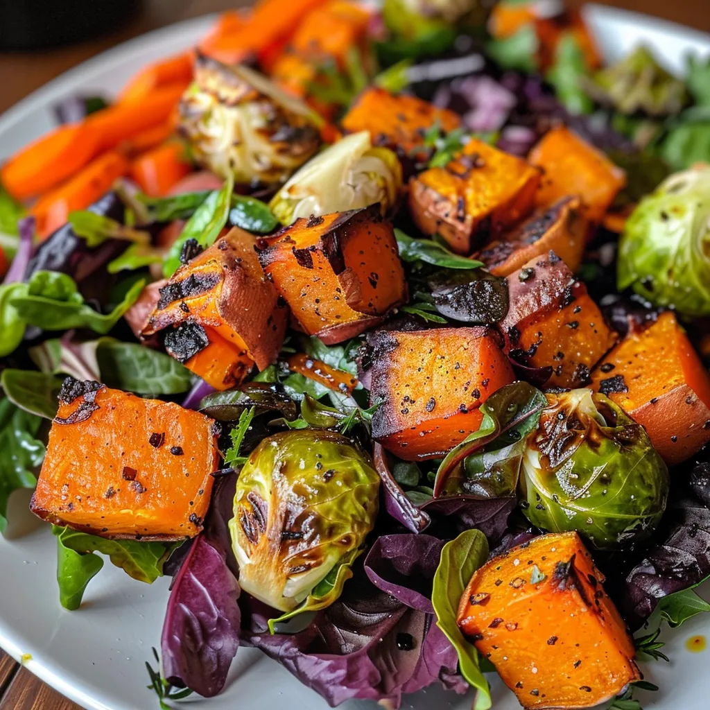 A delicious winter salad with an array of roasted vegetables, including carrots and Brussels sprouts, garnished with a drizzle of balsamic vinegar.