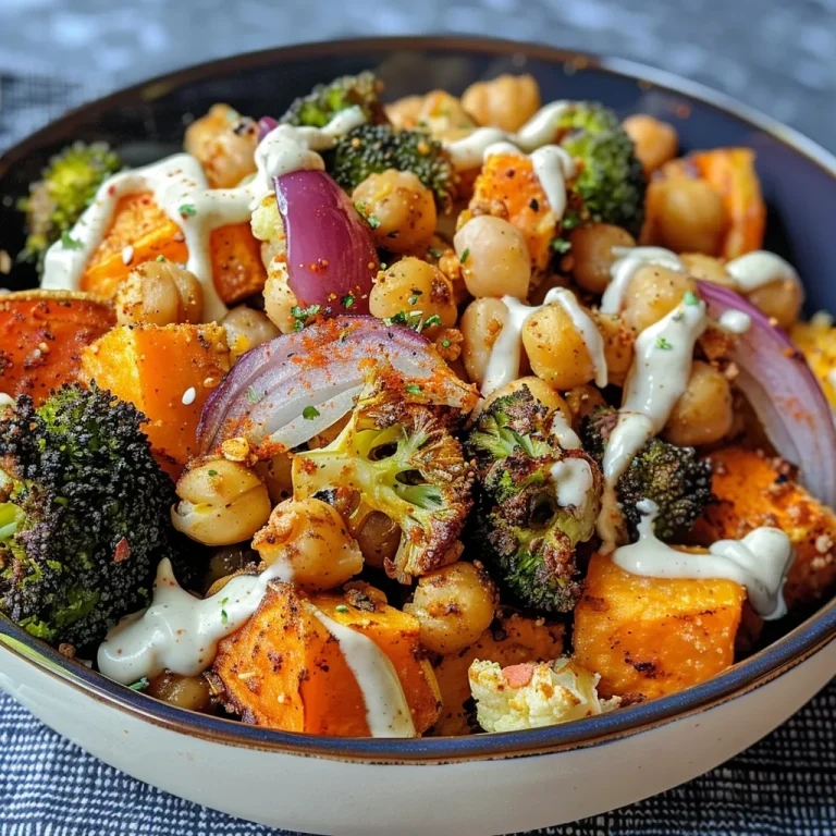 Colorful assortment of roasted veggies topped with a thick tahini-yogurt dressing from the side.