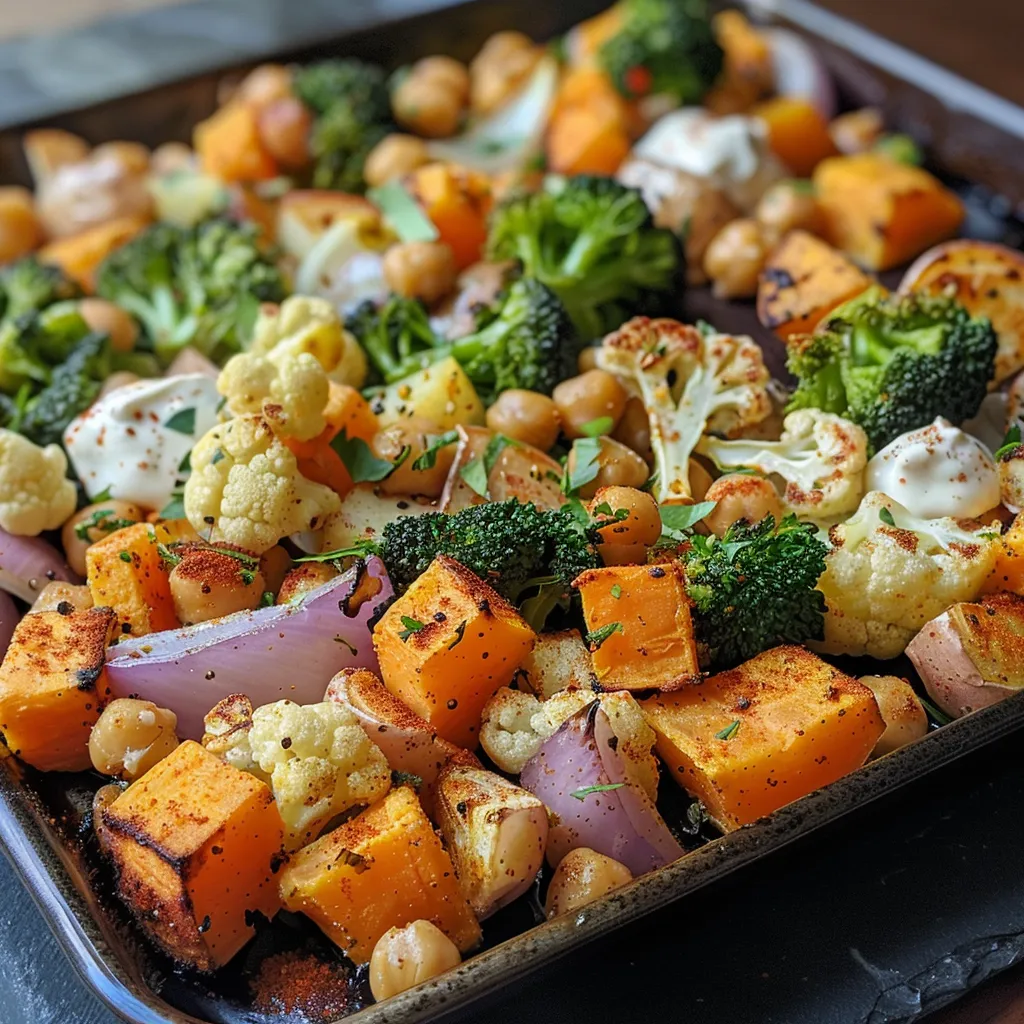 A delicious plate of roasted vegetables topped with tahini-yogurt dressing, featuring various ingredients.