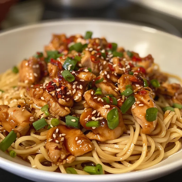 Side view of a bowl of sticky garlic chicken noodles, featuring tender chicken and a rich garlic sauce.