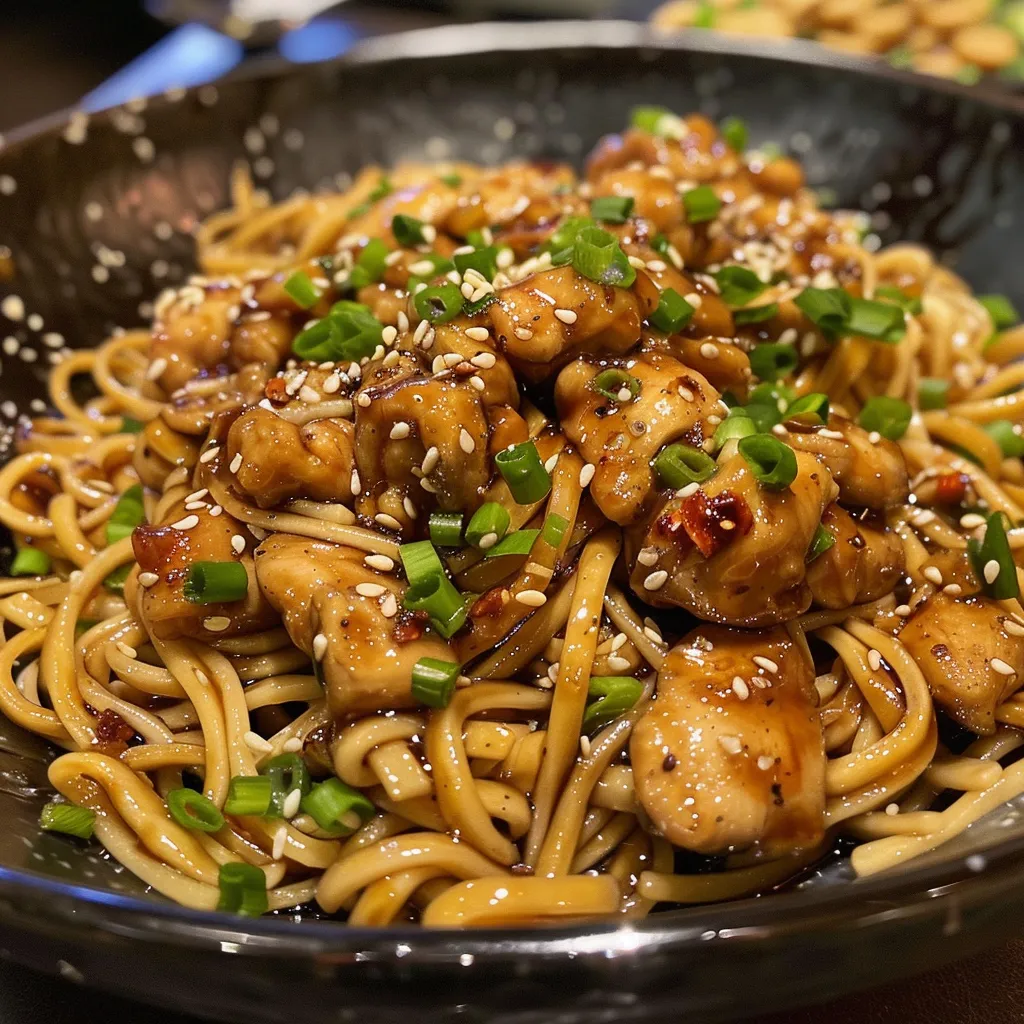 Detailed shot of sticky garlic chicken noodles, emphasizing the texture of the noodles and the fresh ingredients.