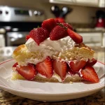 A vibrant strawberry shortcake displayed on a plate, showcasing its fluffy texture.