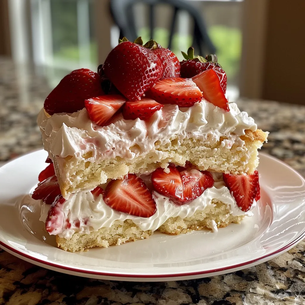 A mouthwatering strawberry shortcake with cream icing and strawberry garnish.