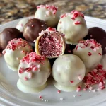 Juicy strawberry truffles highlighted with a soft pink hue and white chocolate.