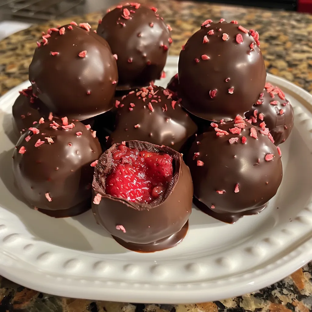 Detailed look at a Strawberry Truffle, featuring the pink strawberry center and white chocolate exterior glistening.