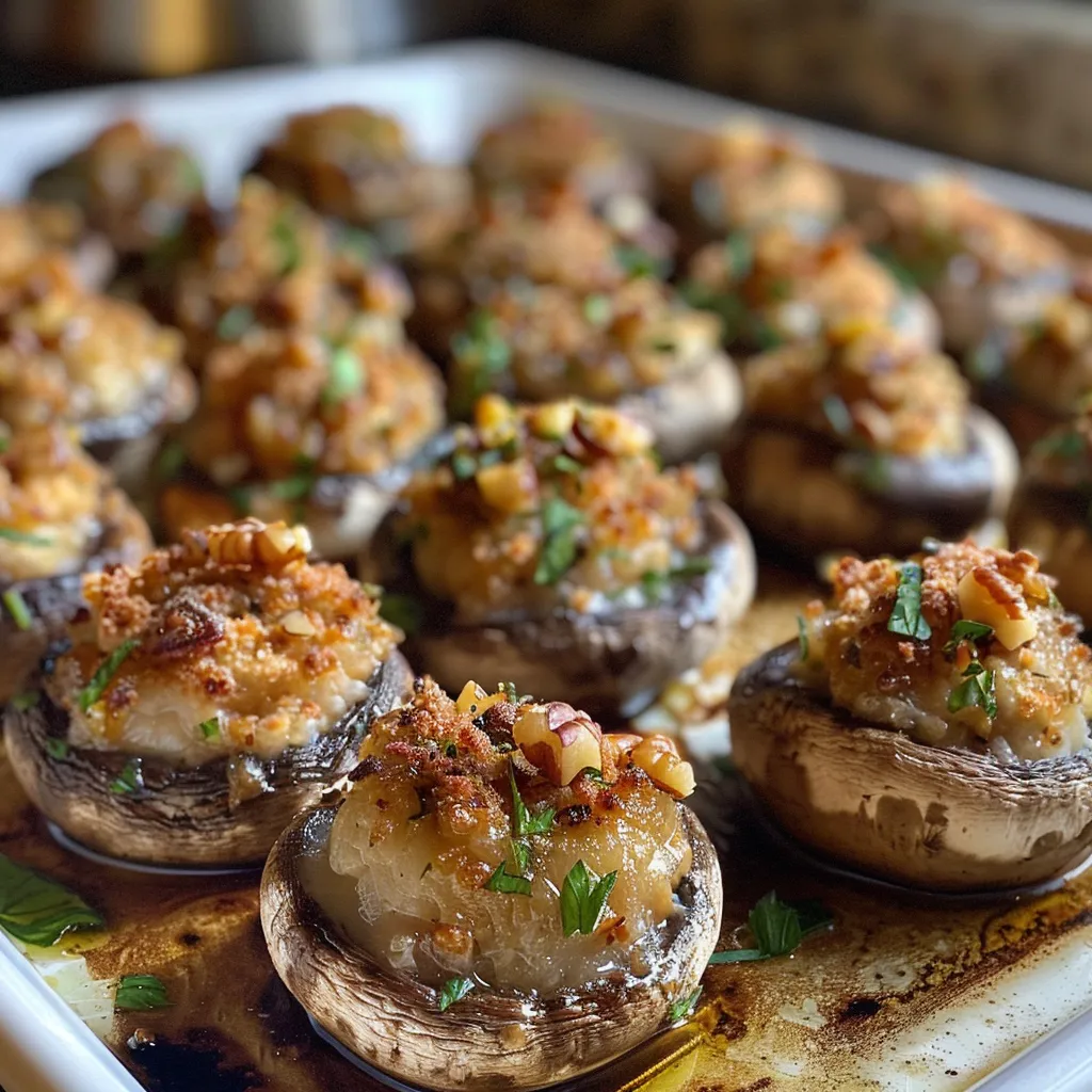 Appetizing stuffed mushrooms ready to be served, showing texture and color.