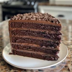 Detailed shot of a decadent chocolate cake topped with dark chocolate ganache and shavings.